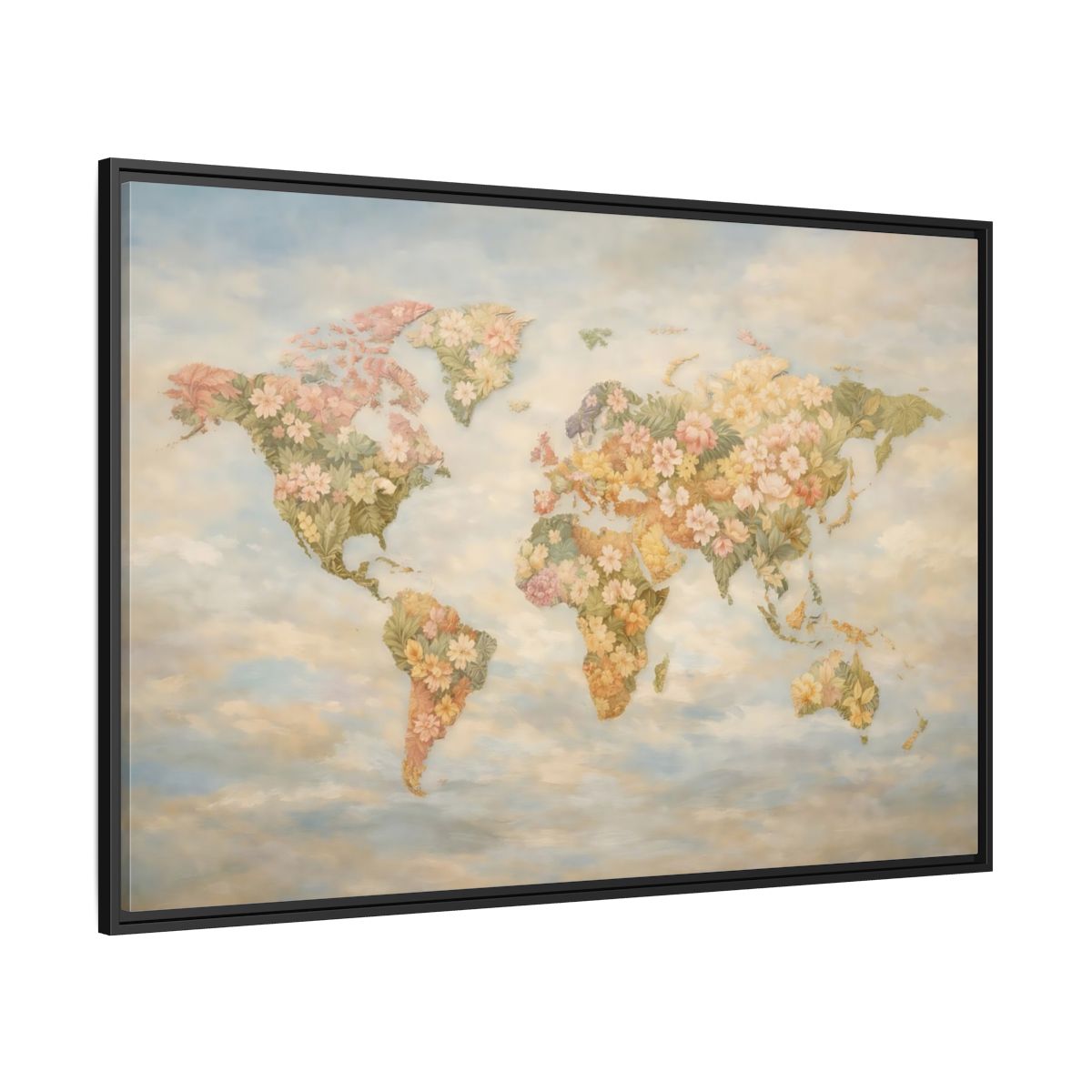 Side Mockup 12. Maps Floral World Map Pastel Floral Map shown as stretched canvas wall art