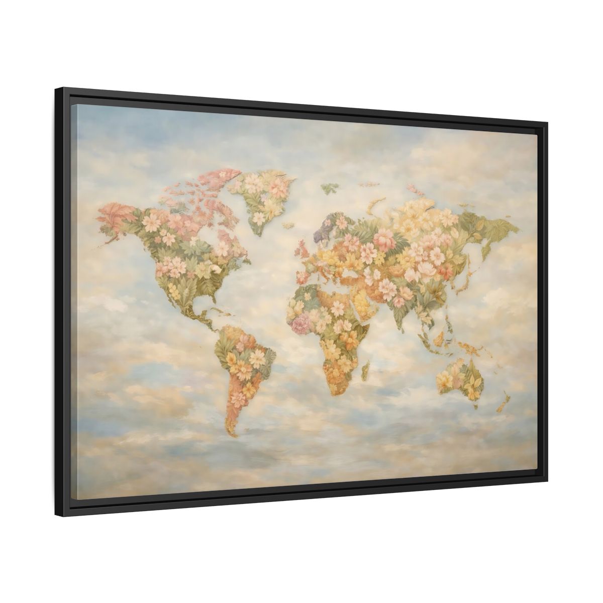 Side Mockup 13. Maps Floral World Map Pastel Floral Map shown as stretched canvas wall art