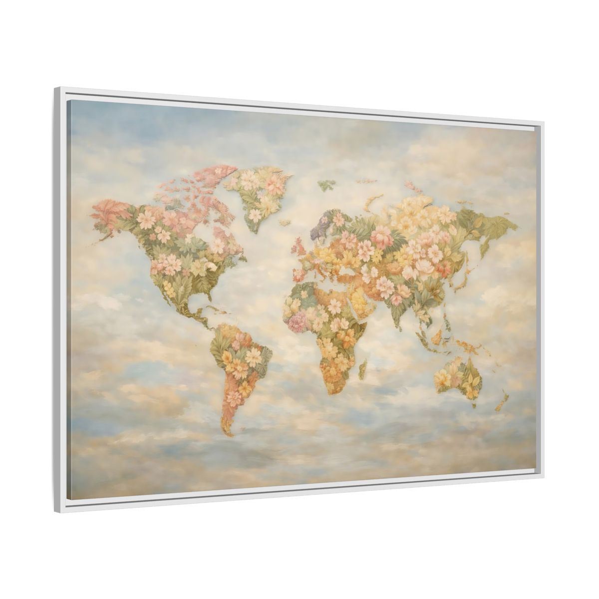 Side Mockup 7. Maps Floral World Map Pastel Floral Map shown as stretched canvas wall art