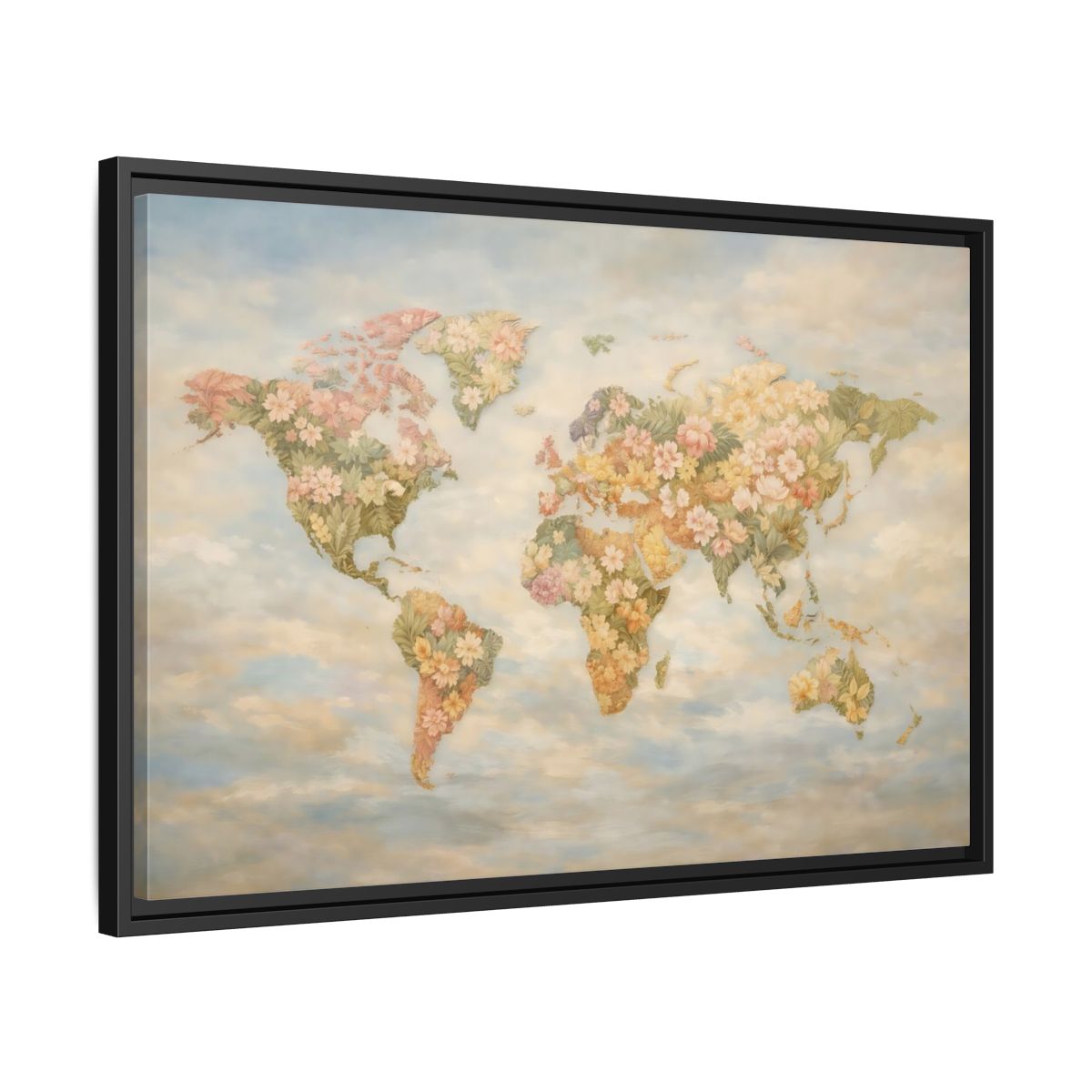 Side Mockup 14. Maps Floral World Map Pastel Floral Map shown as stretched canvas wall art