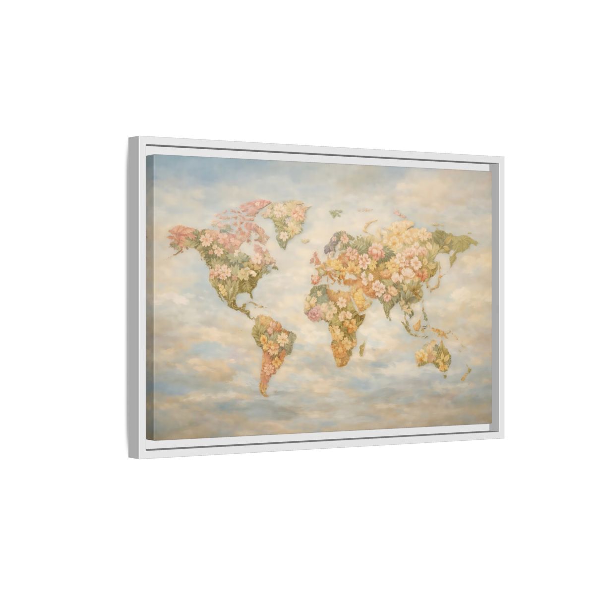 Side Mockup 1. Maps Floral World Map Pastel Floral Map shown as stretched canvas wall art