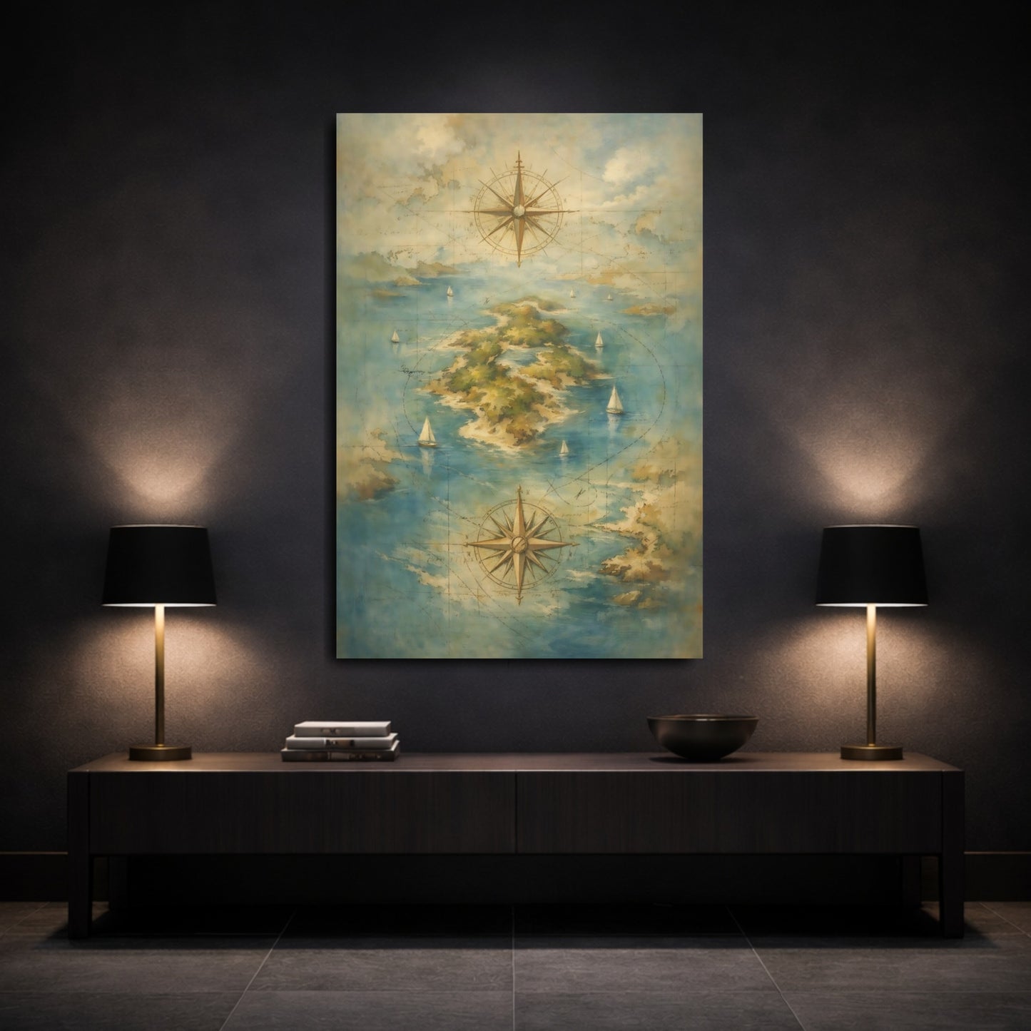 Mockup 2. Maps Island Map Vintage Island Map shown as stretched canvas wall art