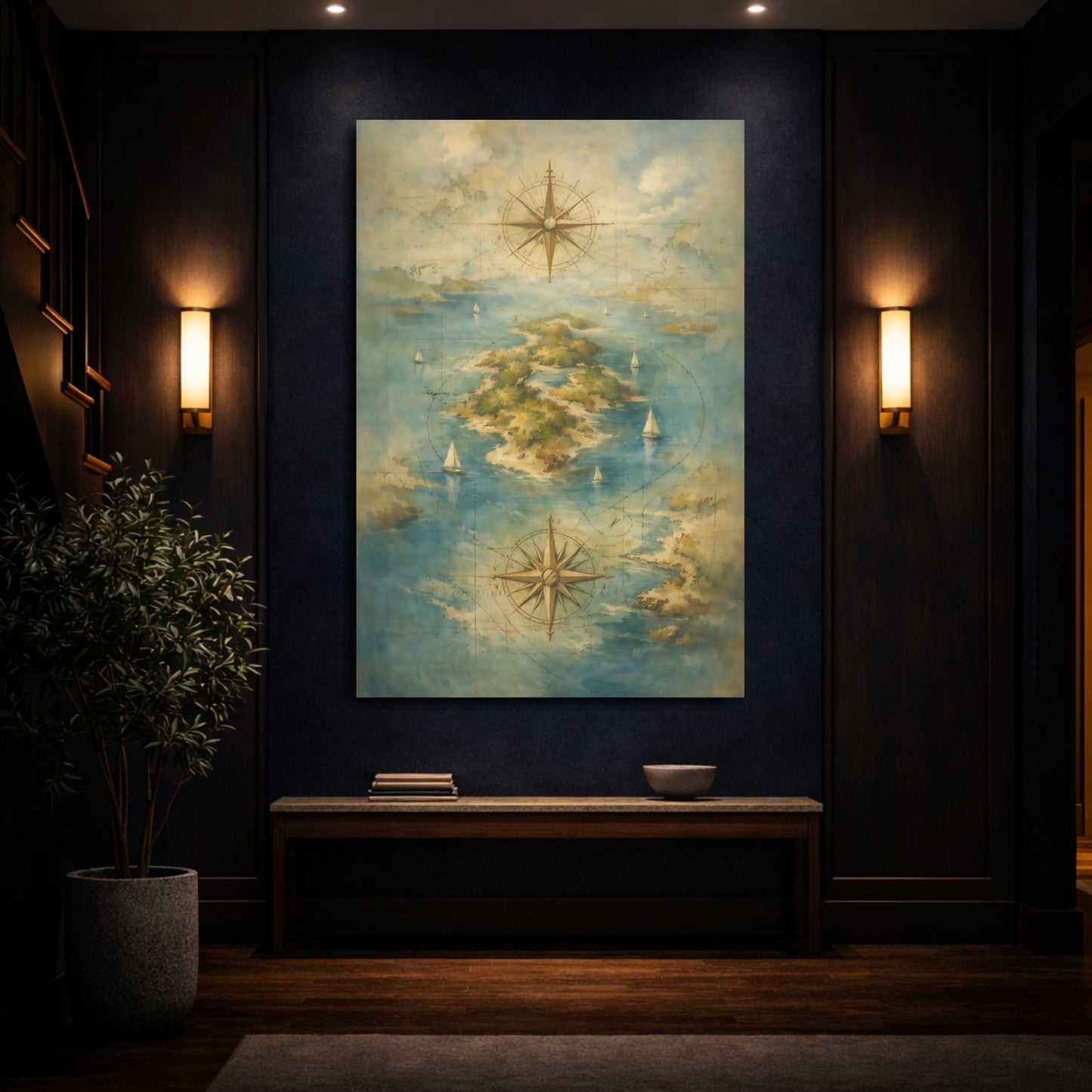 Mockup 3. Maps Island Map Vintage Island Map shown as stretched canvas wall art