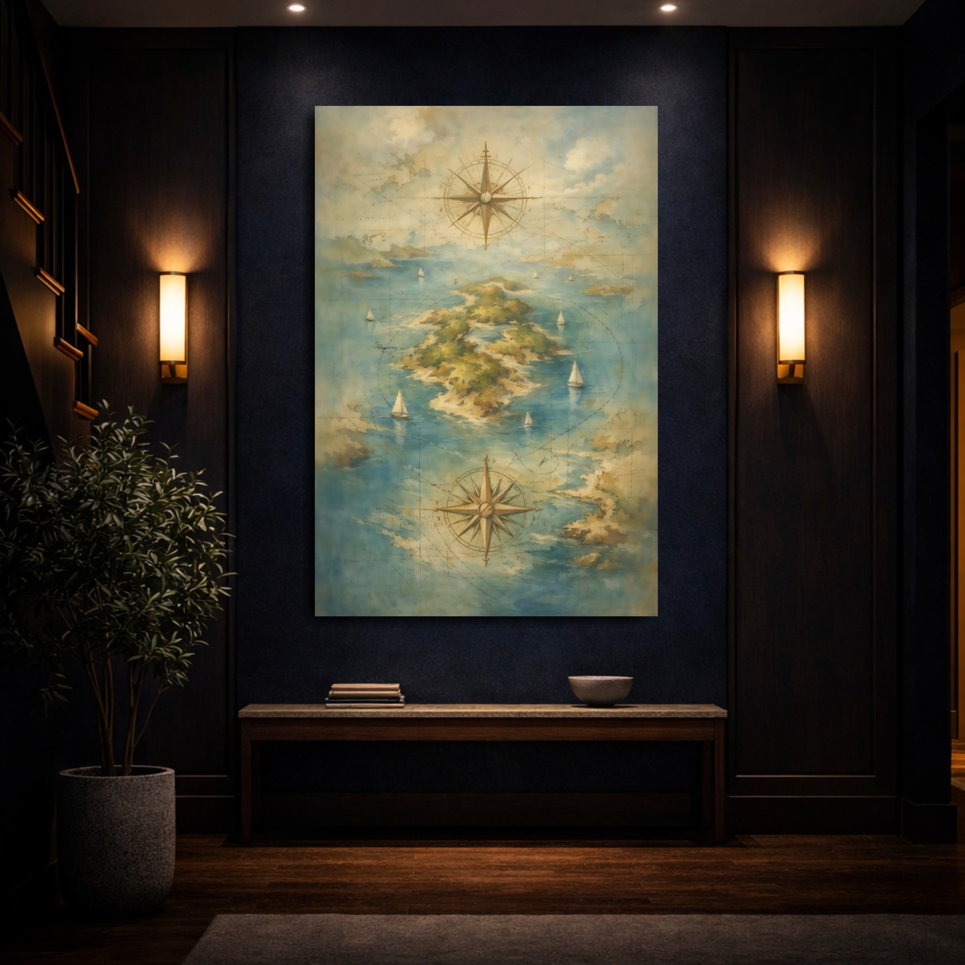 Mockup 3. Maps Island Map Vintage Island Map shown as stretched canvas wall art