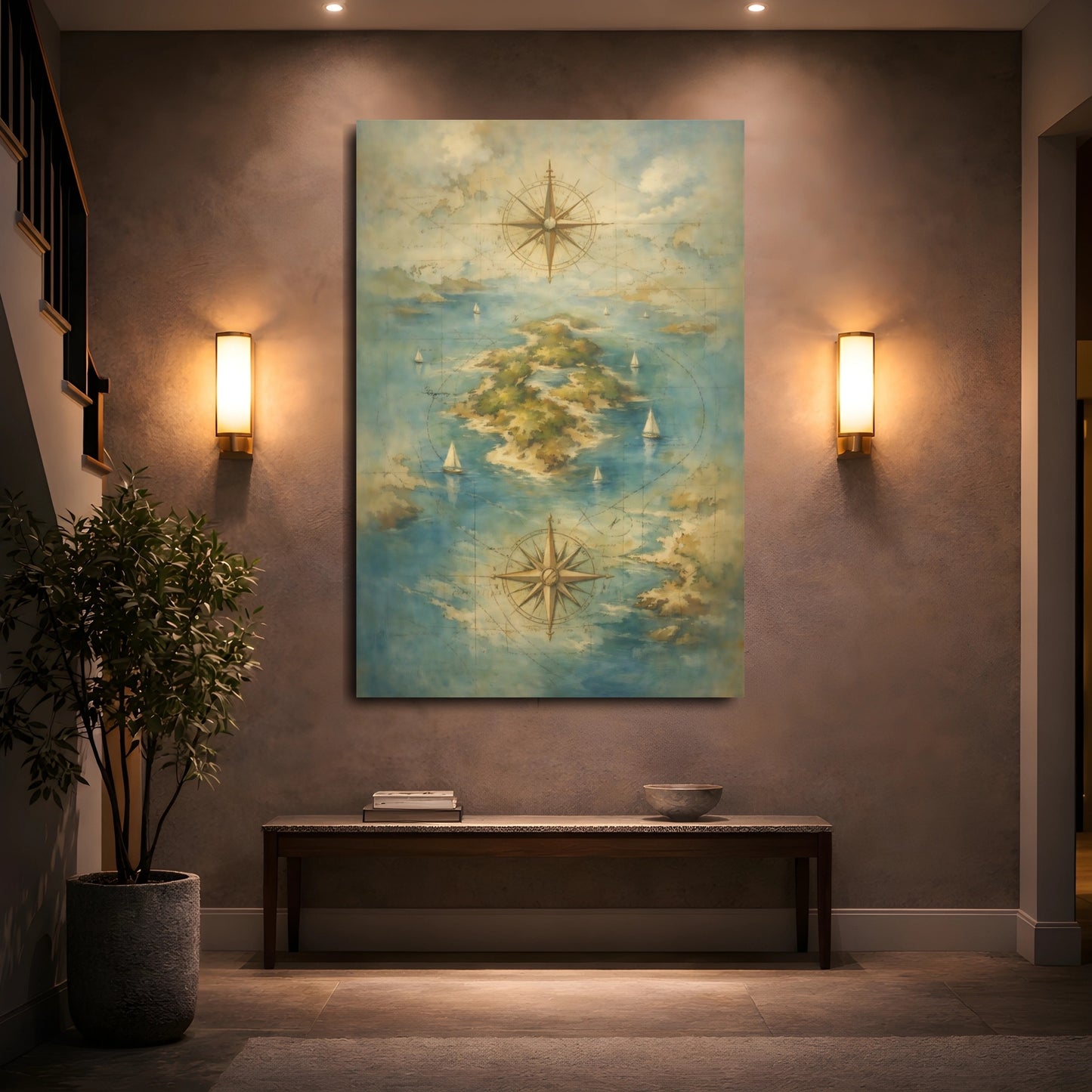 Mockup 4. Maps Island Map Vintage Island Map shown as stretched canvas wall art