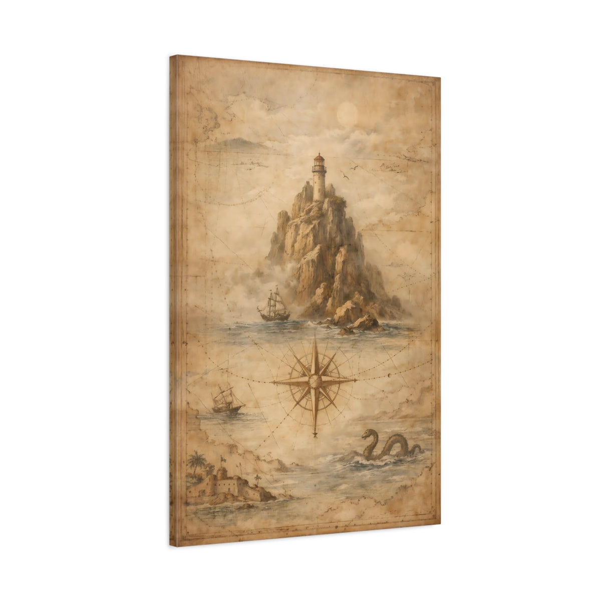 Side Mockup 1. Maps Lighthouse Brown Nautical Map shown as stretched canvas wall art