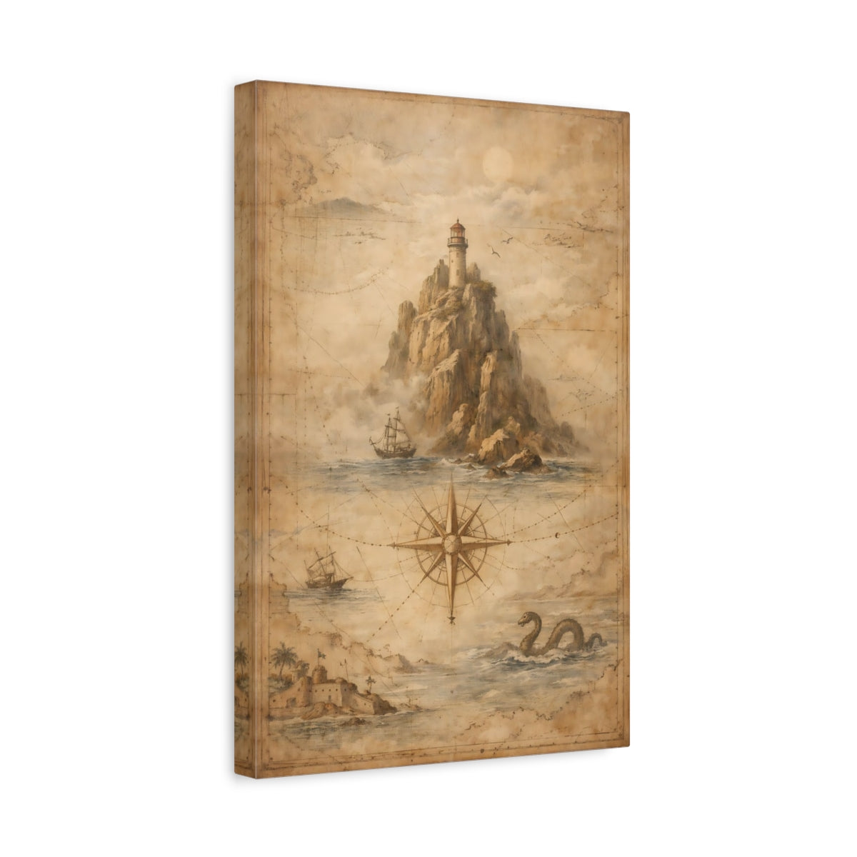Side Mockup 4. Maps Lighthouse Brown Nautical Map shown as stretched canvas wall art
