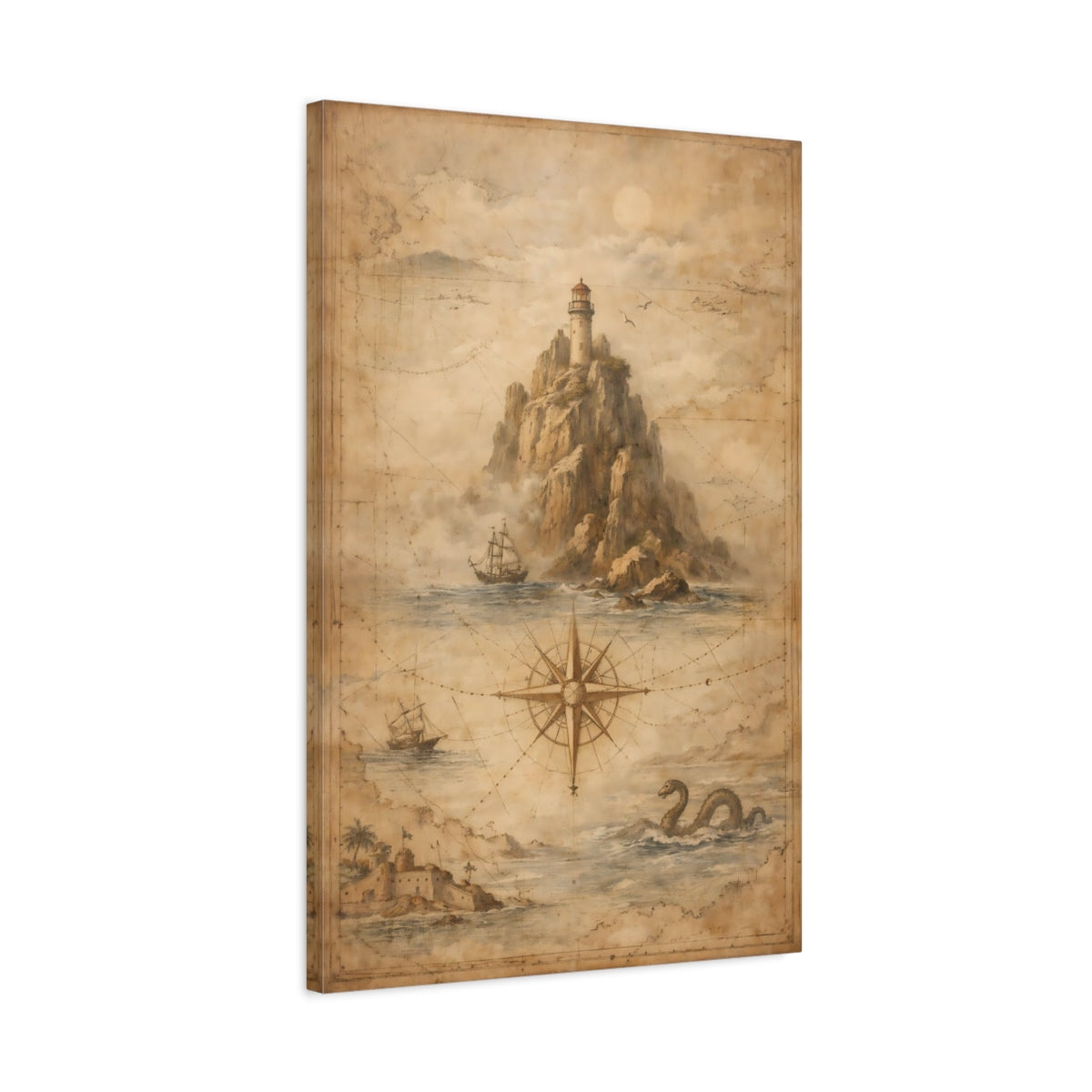 Side Mockup 2. Maps Lighthouse Brown Nautical Map shown as stretched canvas wall art