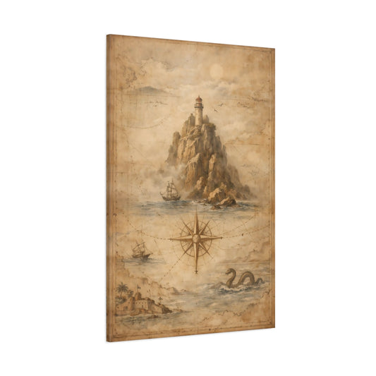 Main Mockup. Maps Lighthouse Brown Nautical Map shown as stretched canvas wall art
