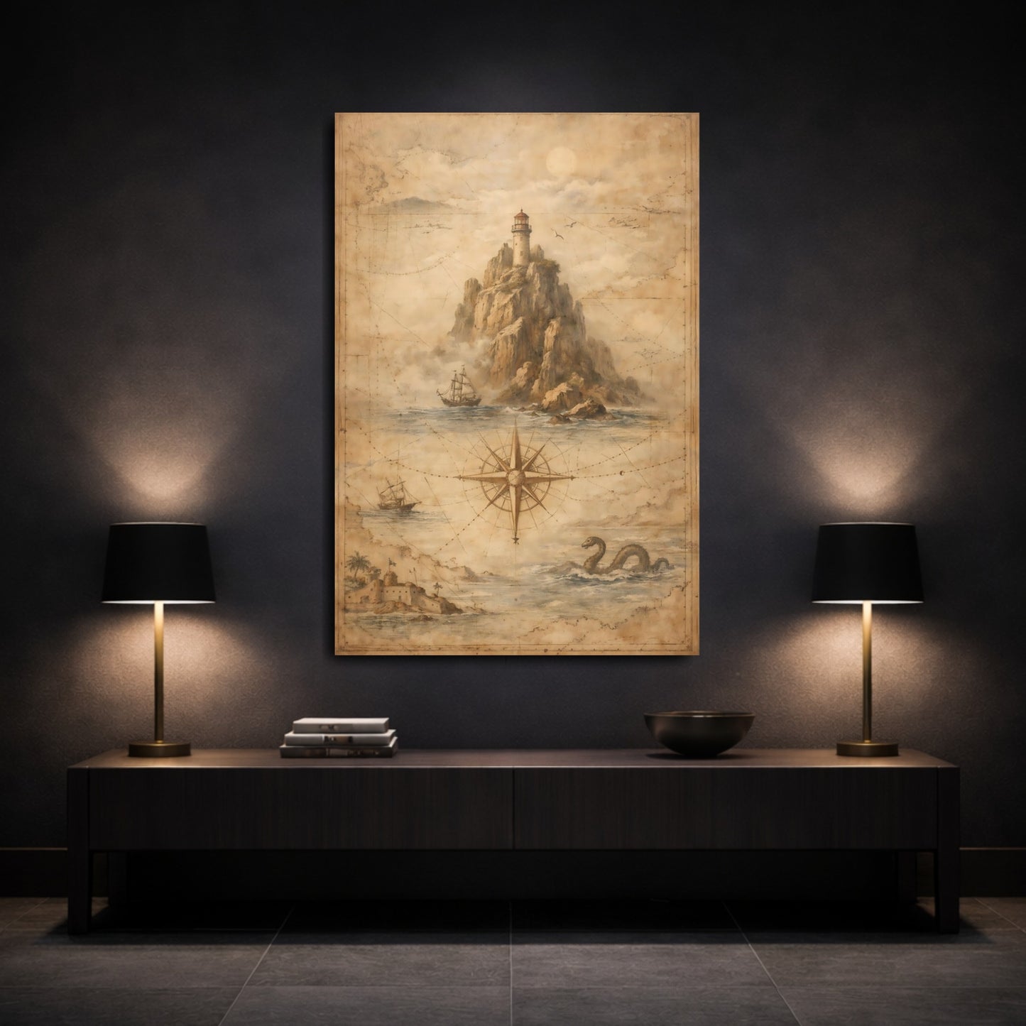 Mockup 2. Maps Lighthouse Brown Nautical Map shown as stretched canvas wall art