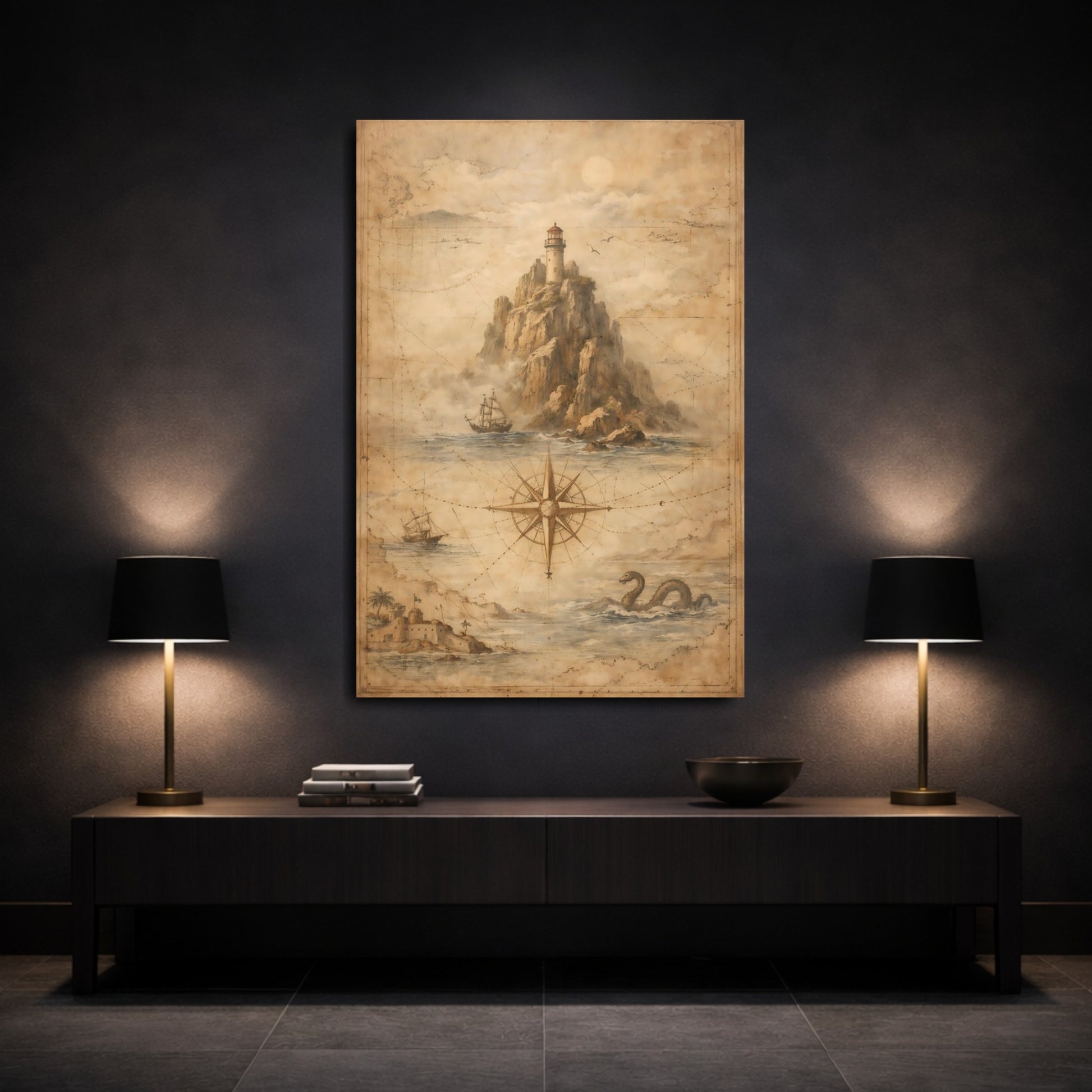 Mockup 2. Maps Lighthouse Brown Nautical Map shown as stretched canvas wall art