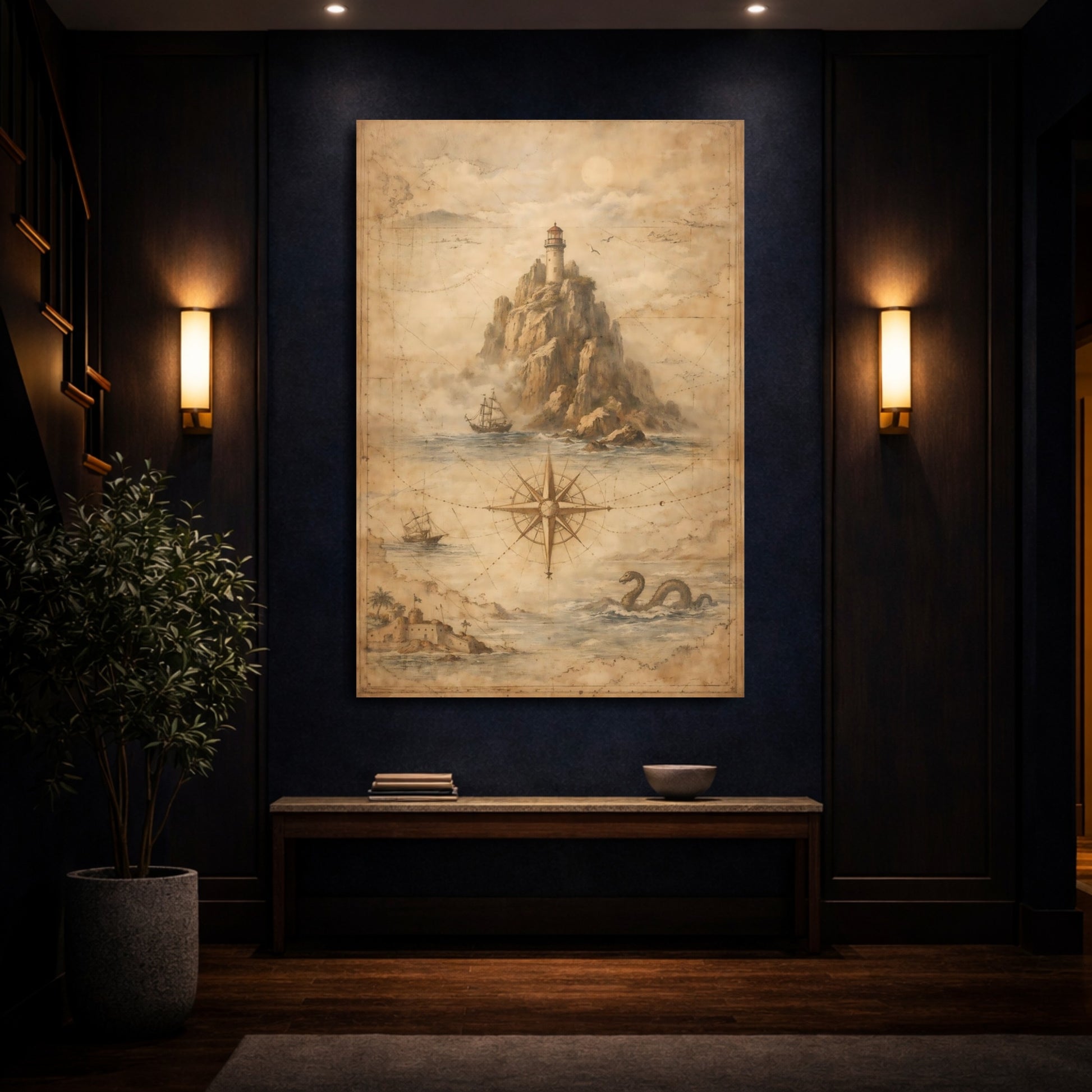 Mockup 3. Maps Lighthouse Brown Nautical Map shown as stretched canvas wall art