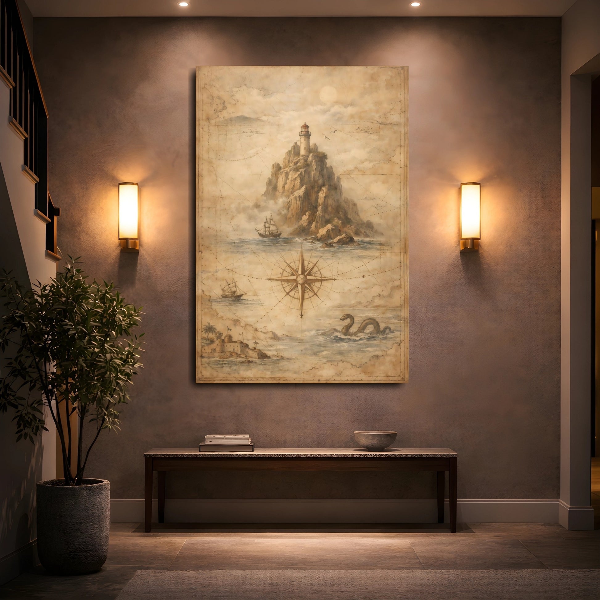 Mockup 4. Maps Lighthouse Brown Nautical Map shown as stretched canvas wall art