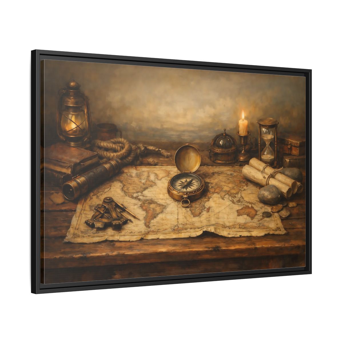 Side Mockup 13. Maps Navigation Tools Brown Gold shown as stretched canvas wall art