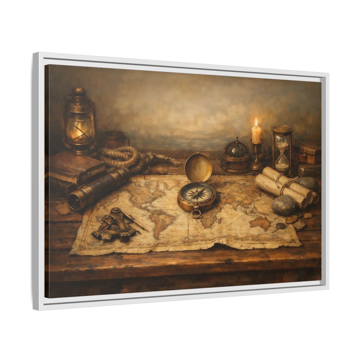 Side Mockup 10. Maps Navigation Tools Brown Gold shown as stretched canvas wall art