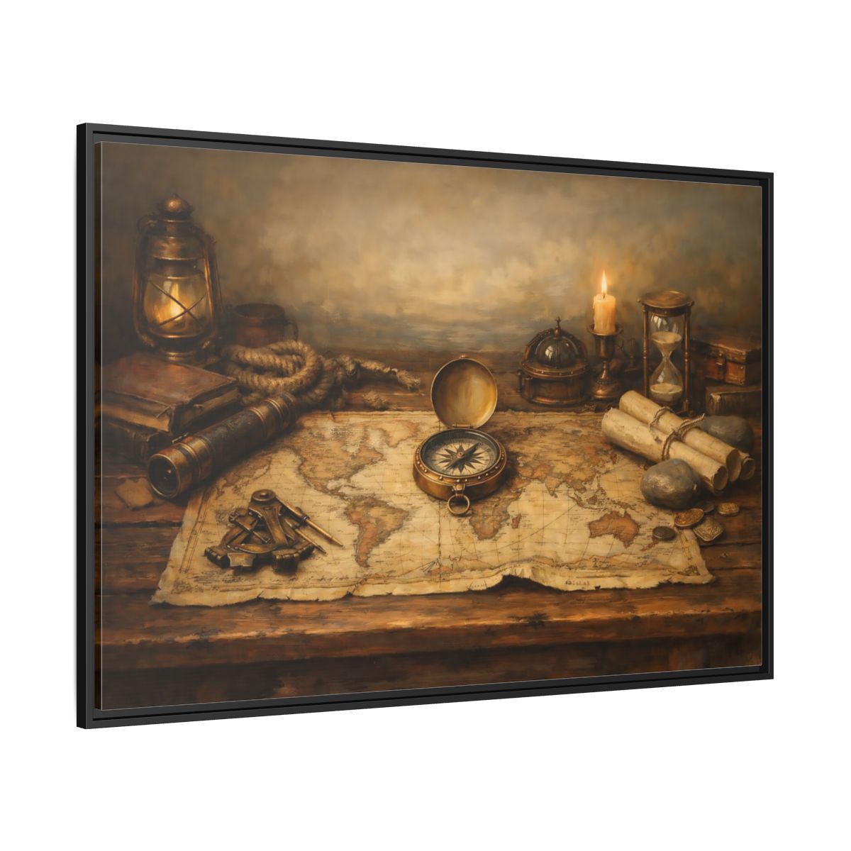 Side Mockup 12. Maps Navigation Tools Brown Gold shown as stretched canvas wall art