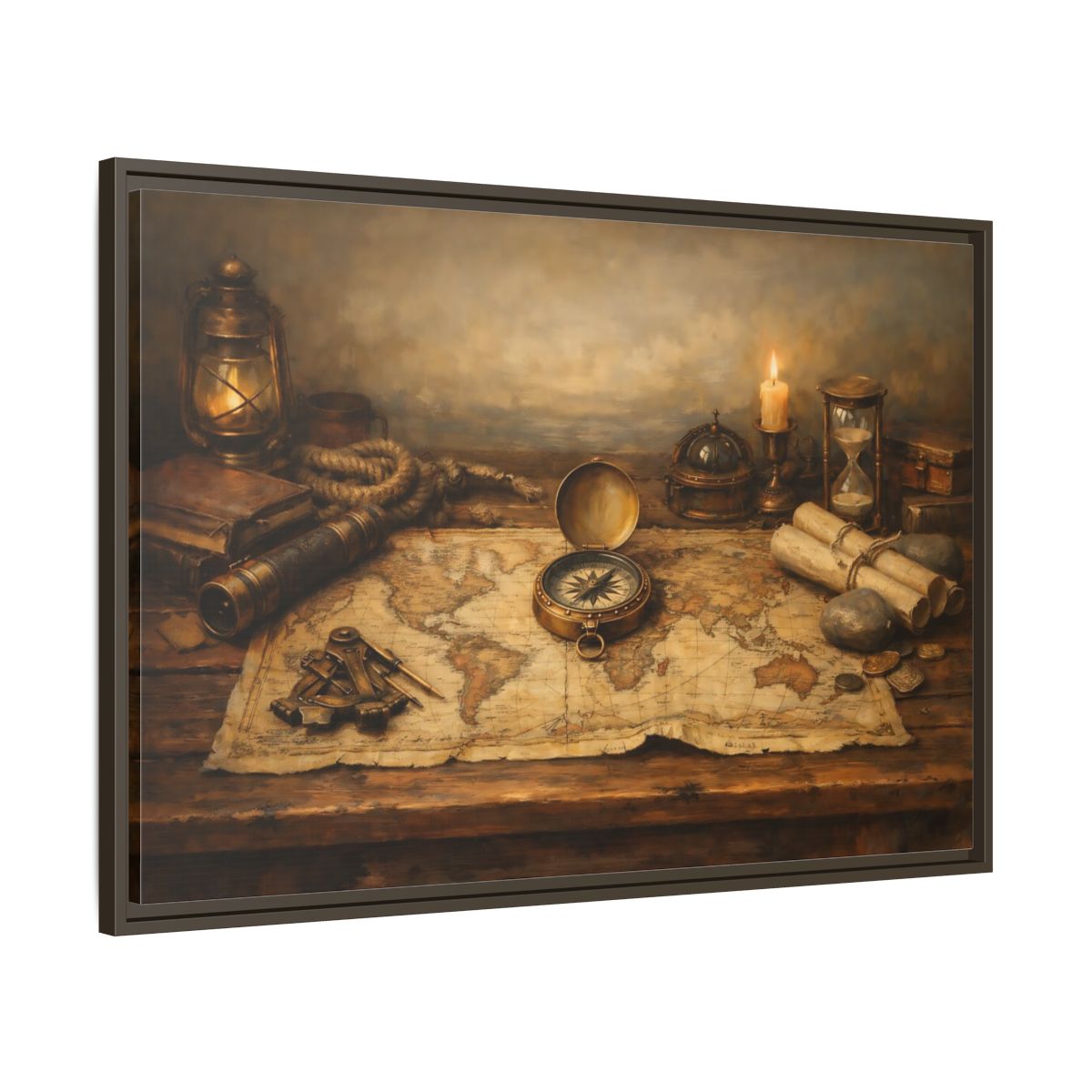 Side Mockup 9. Maps Navigation Tools Brown Gold shown as stretched canvas wall art