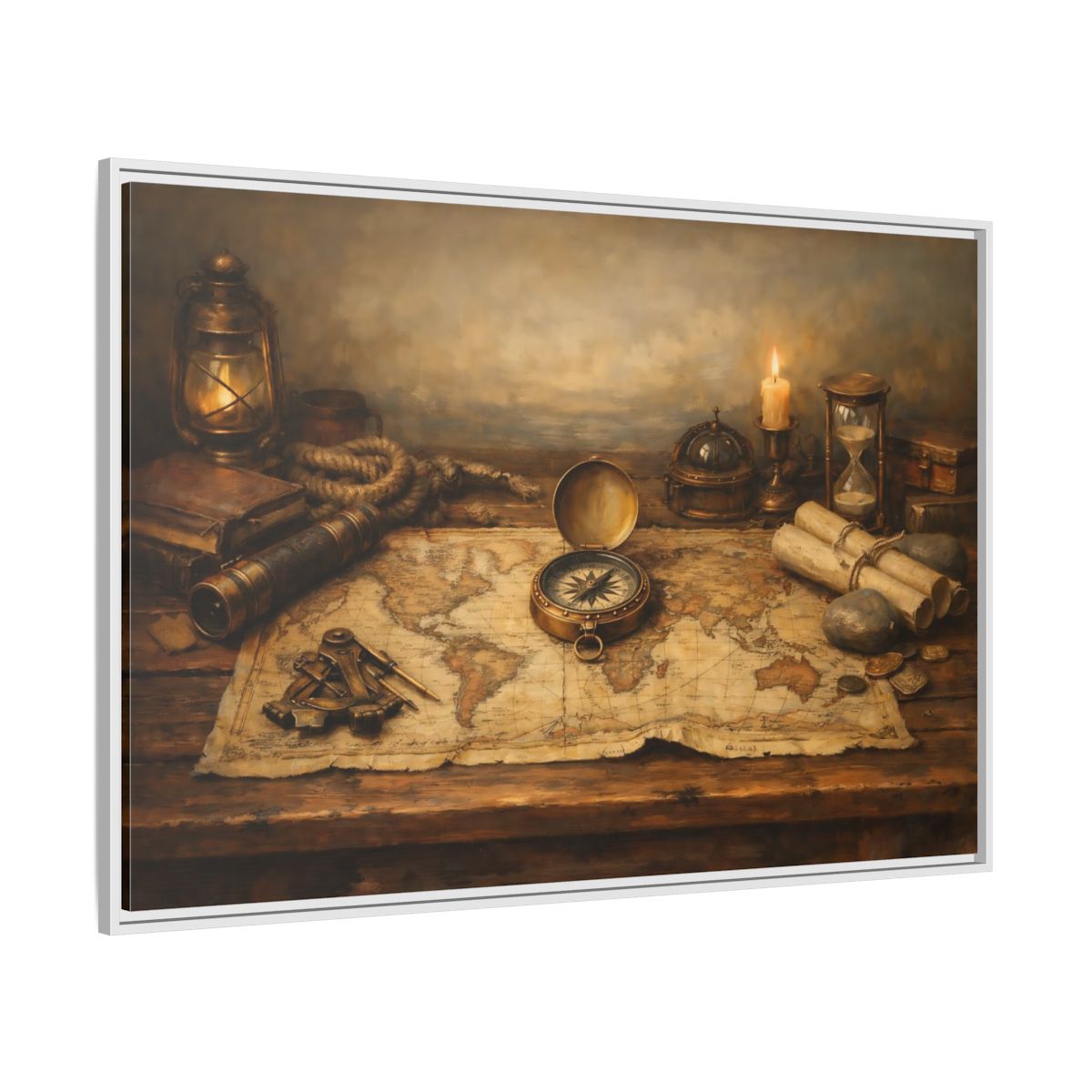 Side Mockup 7. Maps Navigation Tools Brown Gold shown as stretched canvas wall art