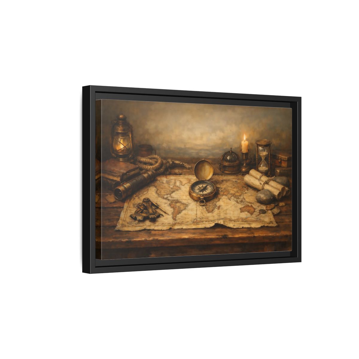Side Mockup 6. Maps Navigation Tools Brown Gold shown as stretched canvas wall art