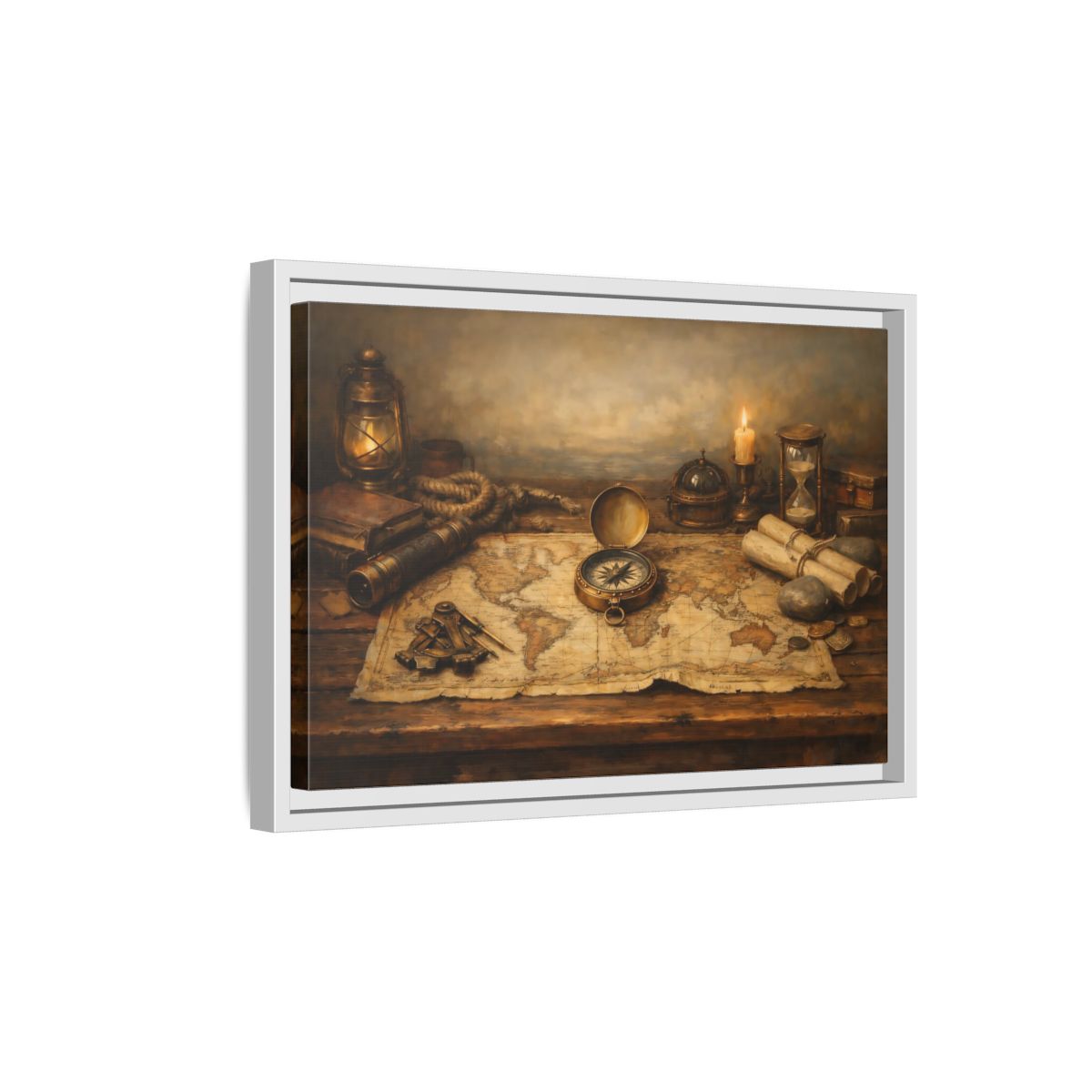 Side Mockup 4. Maps Navigation Tools Brown Gold shown as stretched canvas wall art