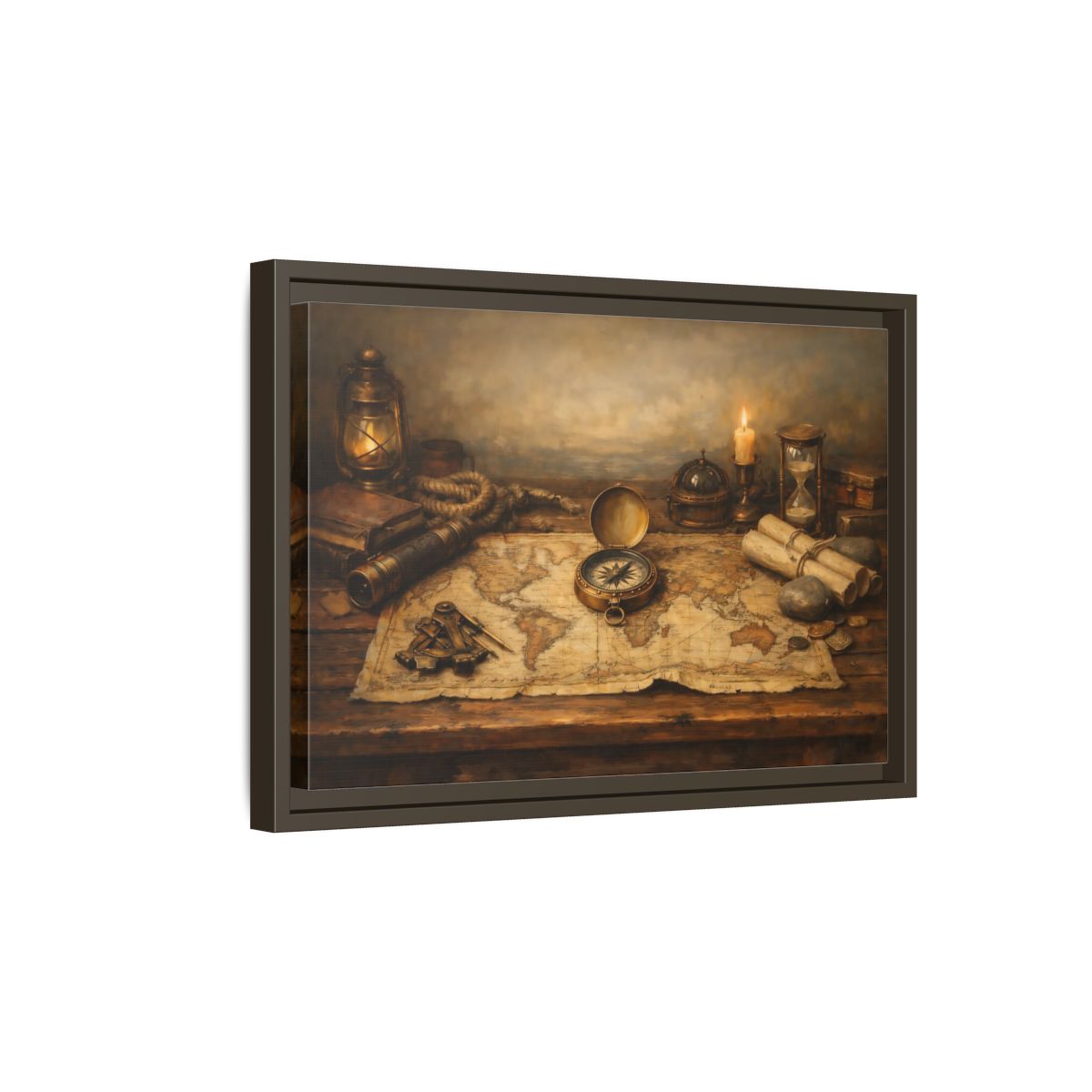 Side Mockup 5. Maps Navigation Tools Brown Gold shown as stretched canvas wall art