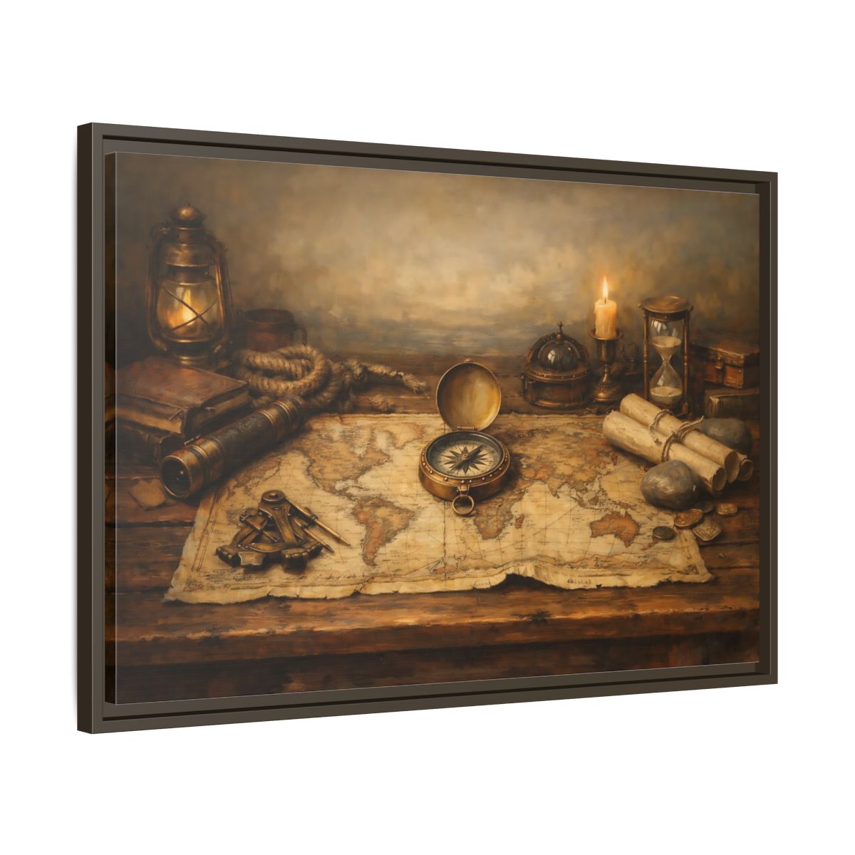 Side Mockup 11. Maps Navigation Tools Brown Gold shown as stretched canvas wall art