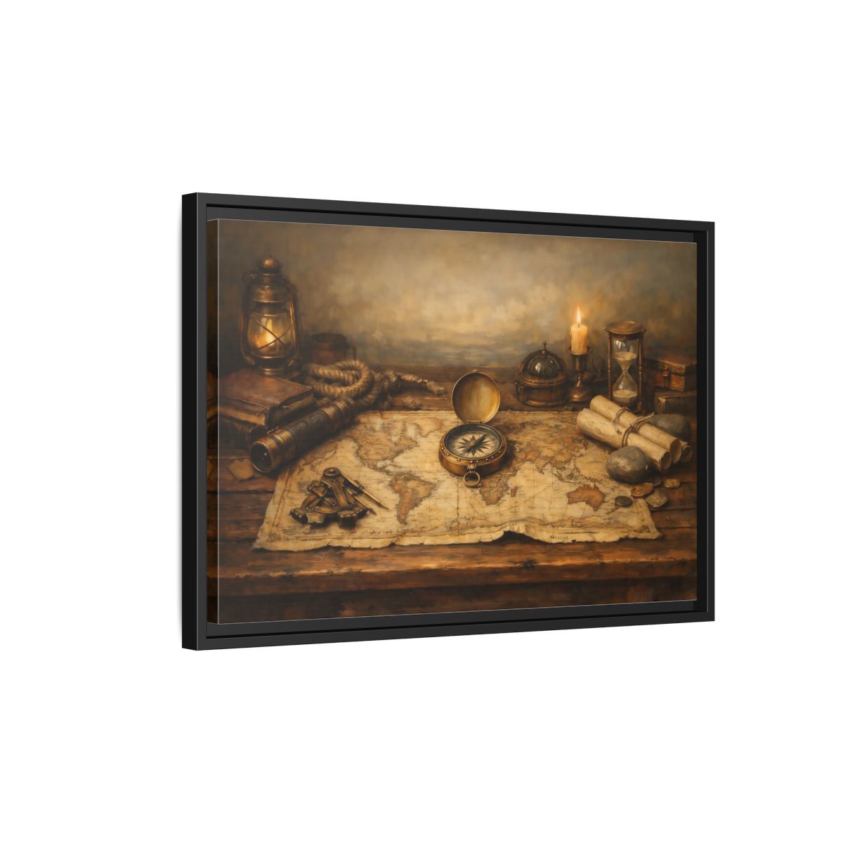 Side Mockup 3. Maps Navigation Tools Brown Gold shown as stretched canvas wall art