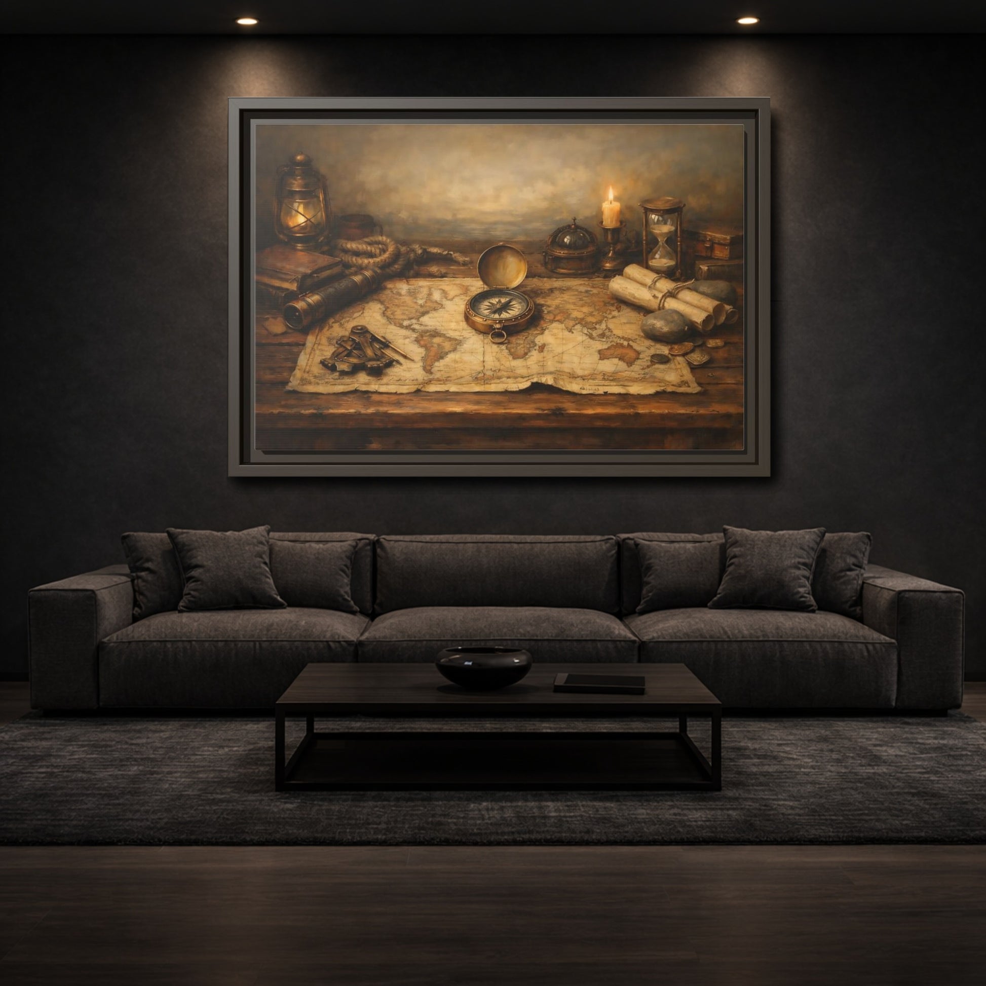 Mockup 2. Maps Navigation Tools Brown Gold shown as stretched canvas wall art