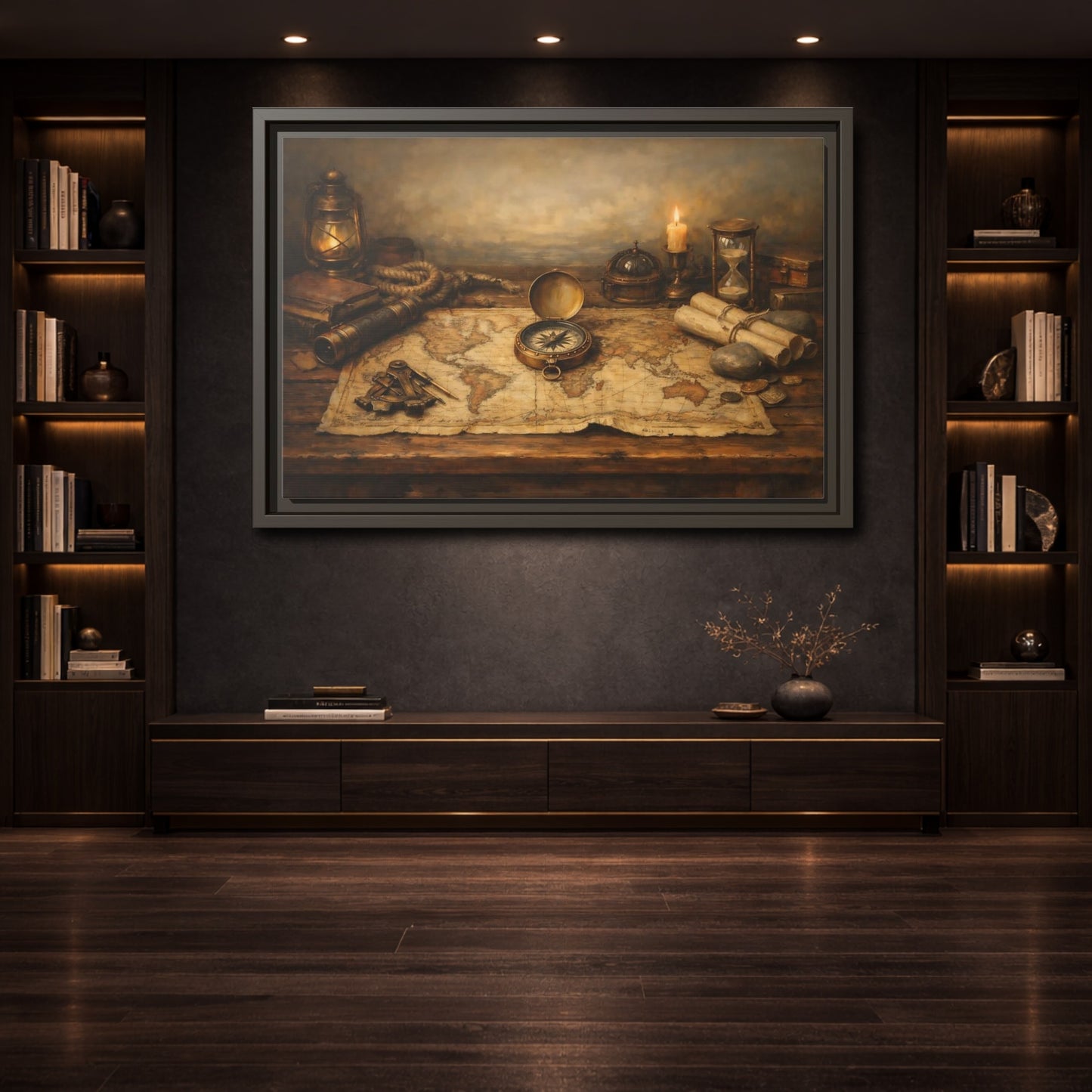 Mockup 3. Maps Navigation Tools Brown Gold shown as stretched canvas wall art