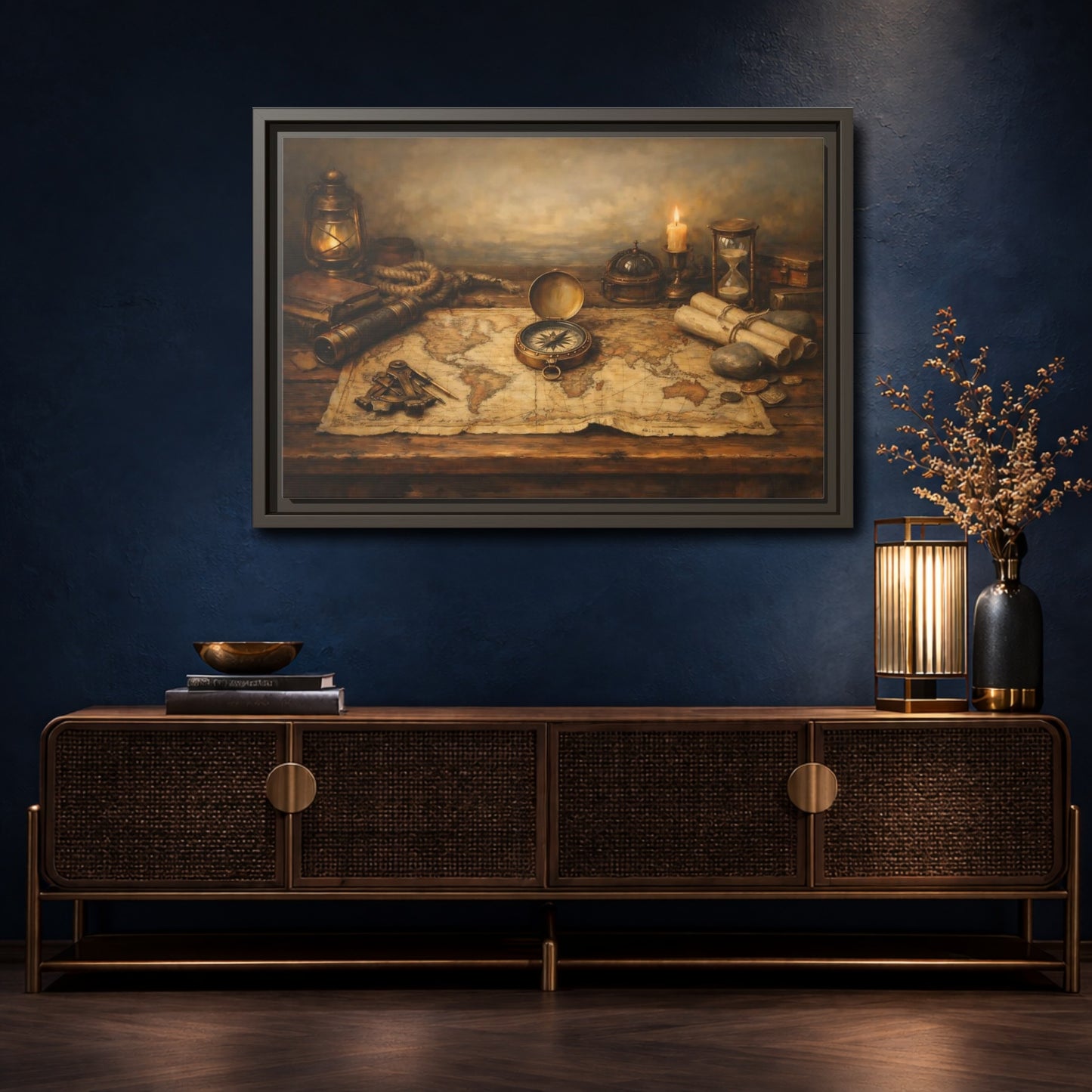 Mockup 4. Maps Navigation Tools Brown Gold shown as stretched canvas wall art
