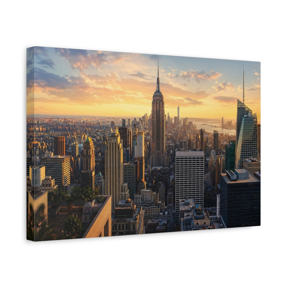 Side Mockup 4. Maps New York City Golden Hour Cityscape shown as stretched canvas wall art