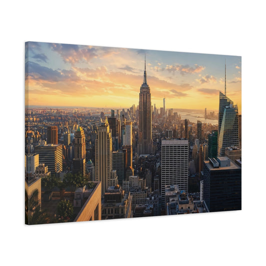 Main Mockup. Maps New York City Golden Hour Cityscape shown as stretched canvas wall art
