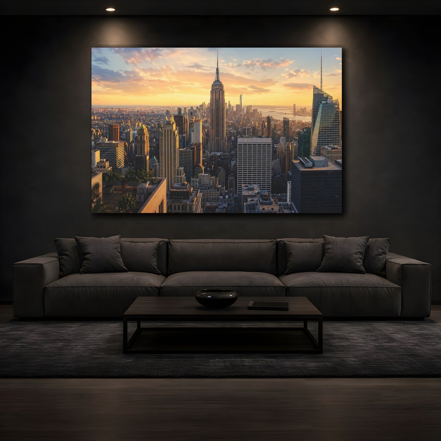 Mockup 3. Maps New York City Golden Hour Cityscape shown as stretched canvas wall art
