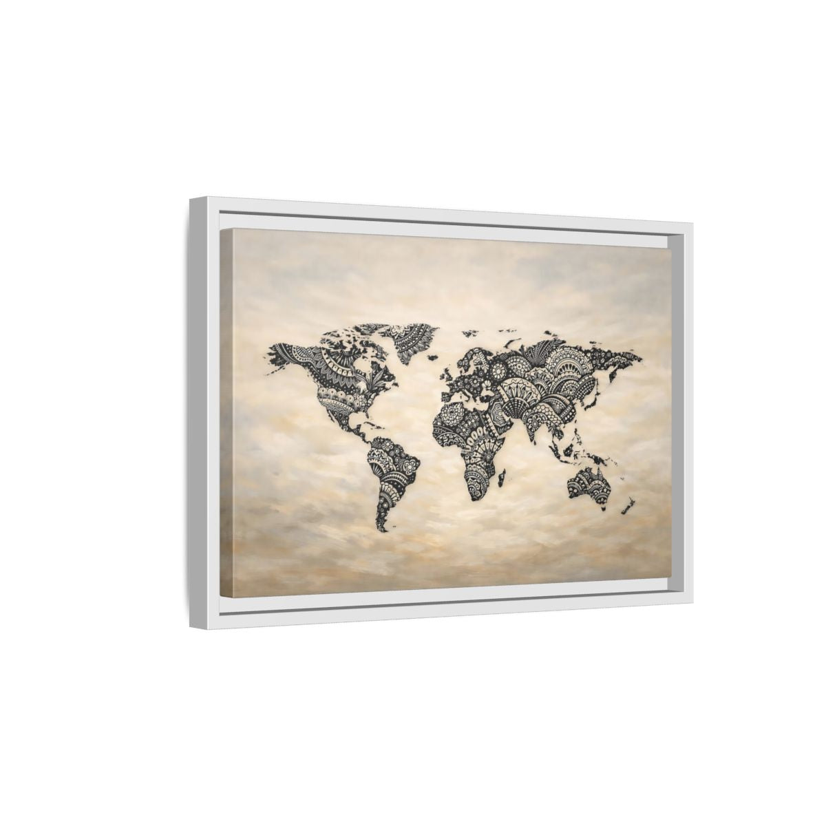 Side Mockup 4. Maps World Map Black And Beige shown as stretched canvas wall art