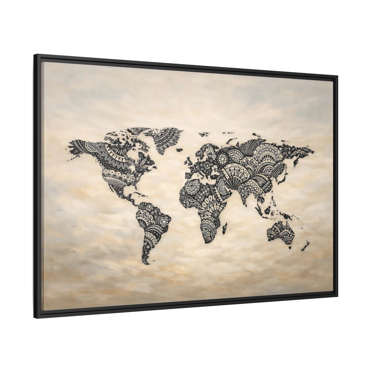 Side Mockup 12. Maps World Map Black And Beige shown as stretched canvas wall art