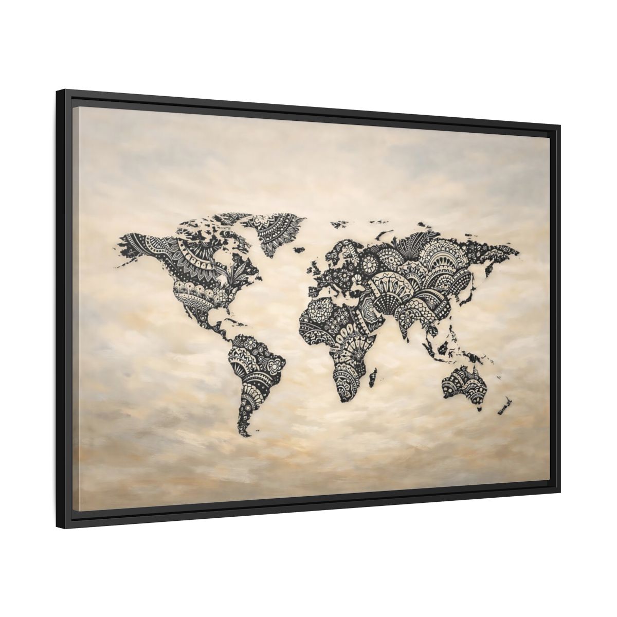 Side Mockup 13. Maps World Map Black And Beige shown as stretched canvas wall art
