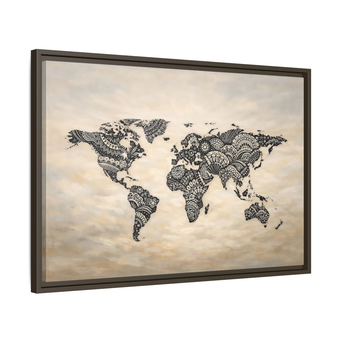 Side Mockup 11. Maps World Map Black And Beige shown as stretched canvas wall art