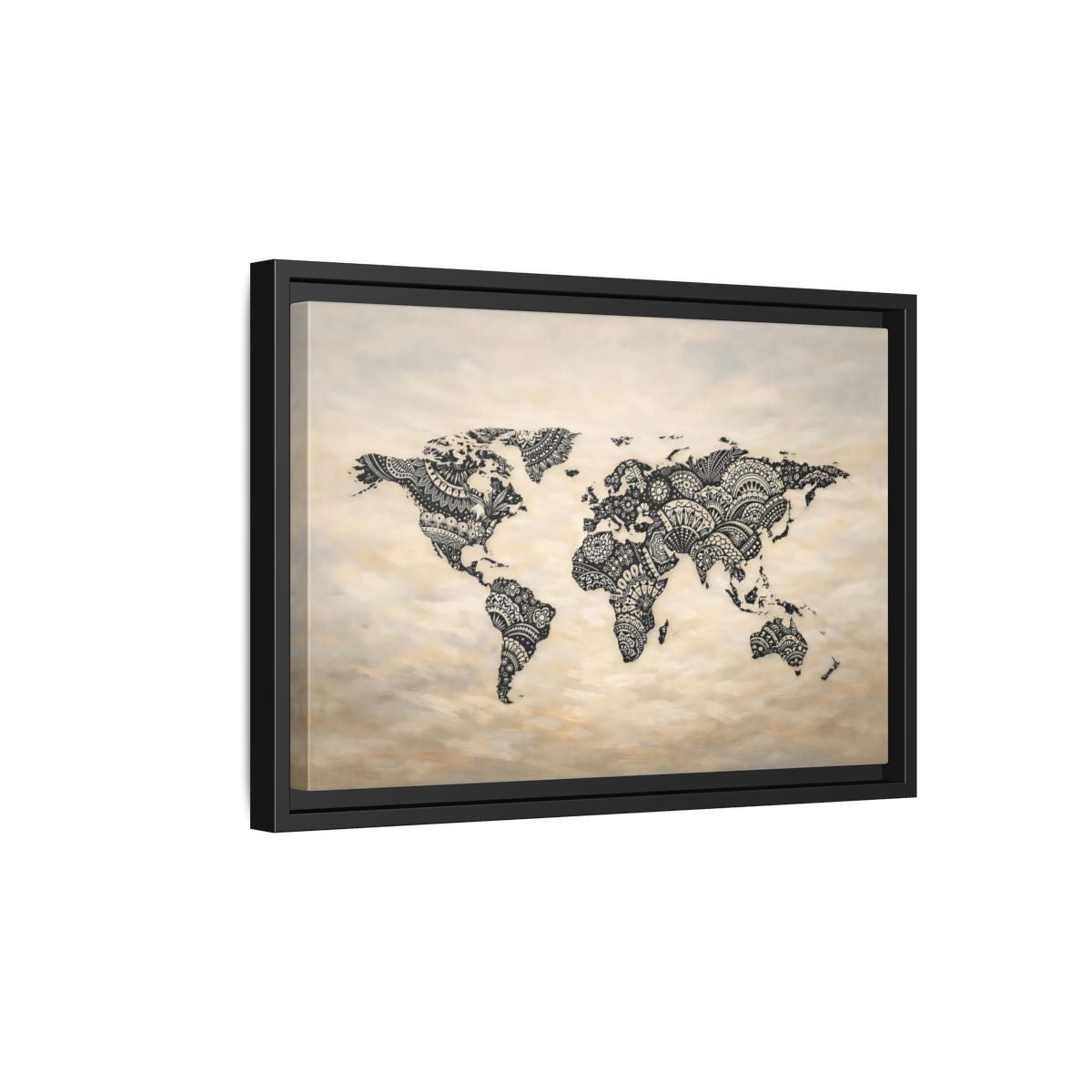 Side Mockup 6. Maps World Map Black And Beige shown as stretched canvas wall art