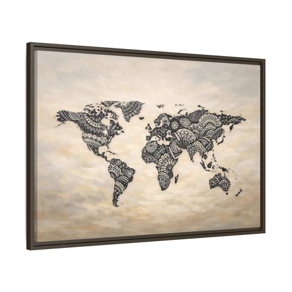 Side Mockup 9. Maps World Map Black And Beige shown as stretched canvas wall art