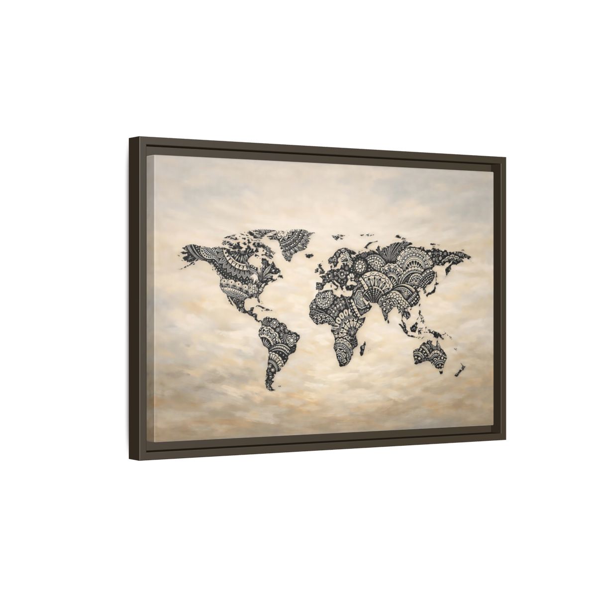 Side Mockup 2. Maps World Map Black And Beige shown as stretched canvas wall art