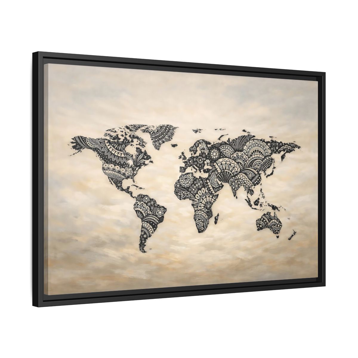 Side Mockup 14. Maps World Map Black And Beige shown as stretched canvas wall art