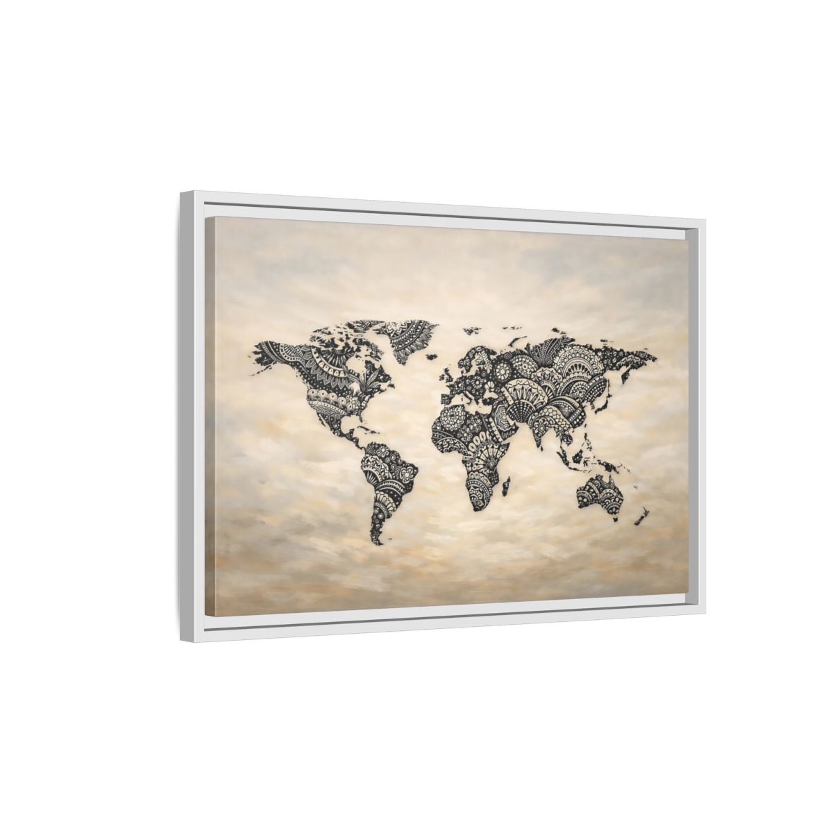 Side Mockup 1. Maps World Map Black And Beige shown as stretched canvas wall art