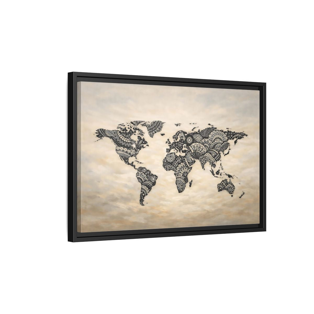 Side Mockup 3. Maps World Map Black And Beige shown as stretched canvas wall art