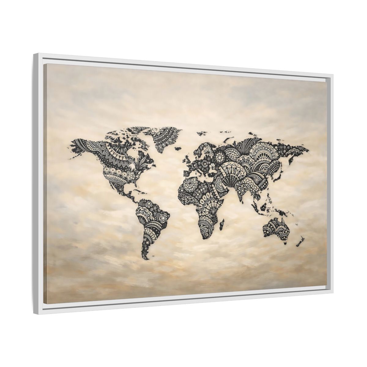 Side Mockup 8. Maps World Map Black And Beige shown as stretched canvas wall art