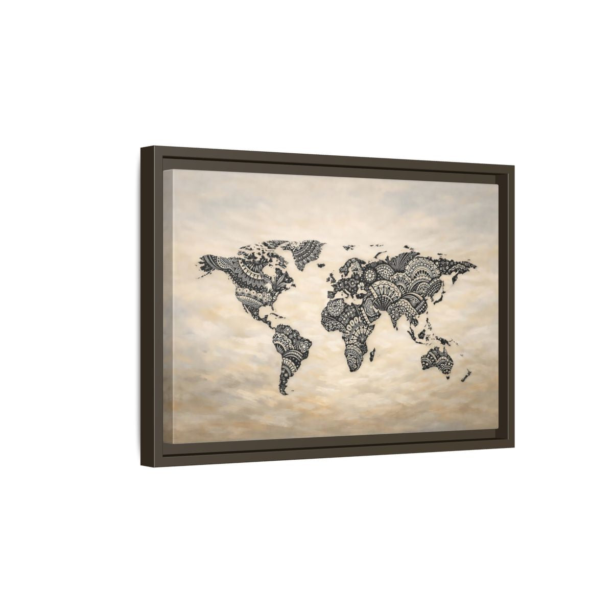 Side Mockup 5. Maps World Map Black And Beige shown as stretched canvas wall art