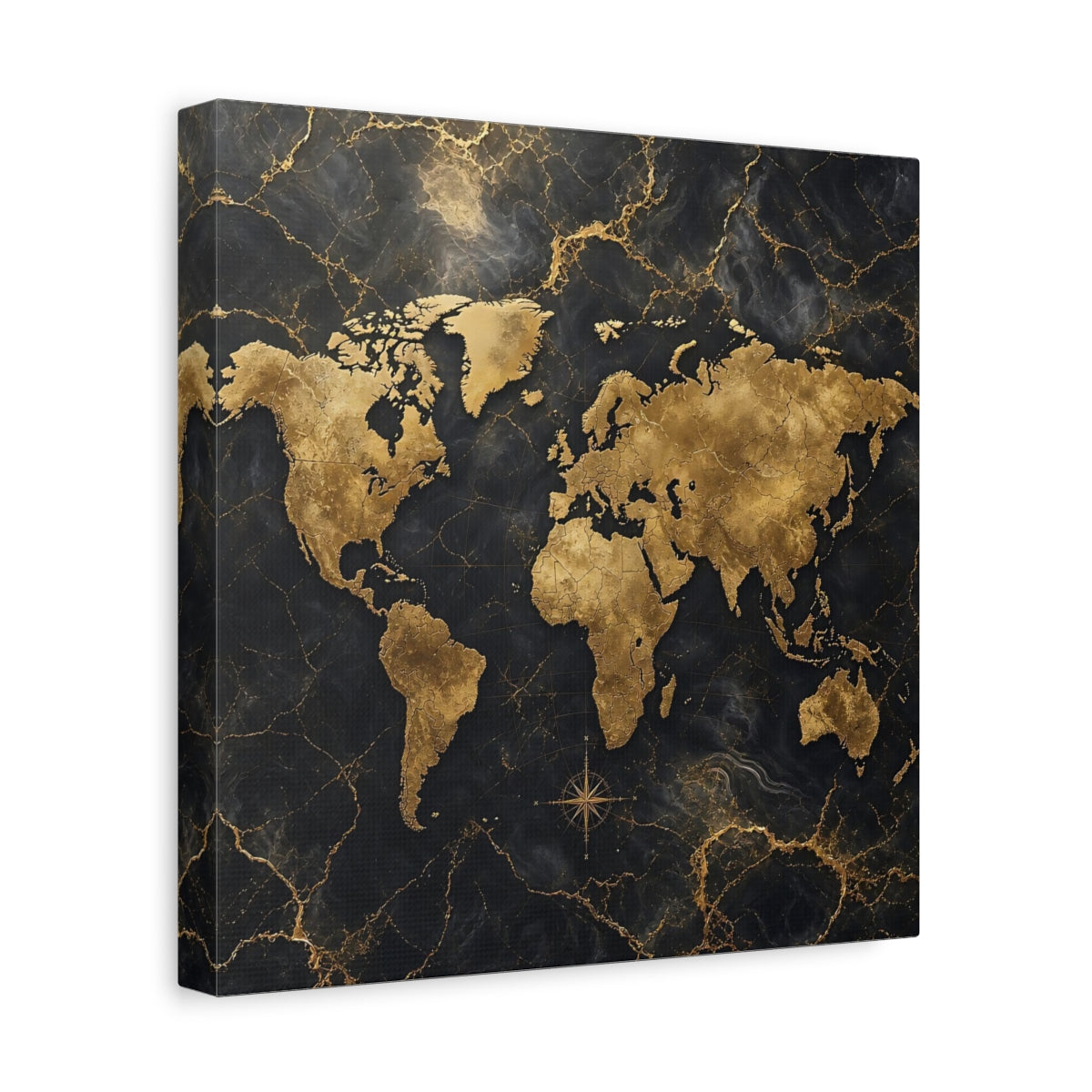 Side Mockup 8. Maps World Map Black And Gold shown as stretched canvas wall art