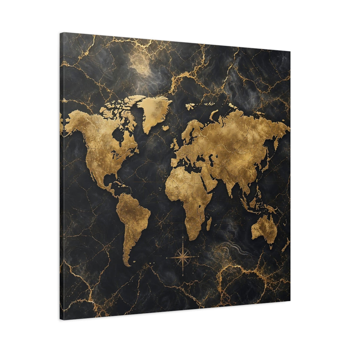 Side Mockup 1. Maps World Map Black And Gold shown as stretched canvas wall art
