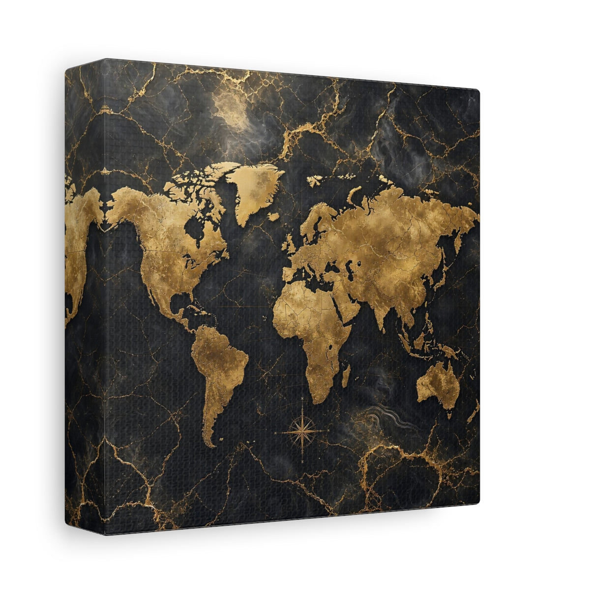 Side Mockup 2. Maps World Map Black And Gold shown as stretched canvas wall art