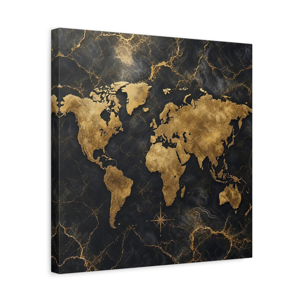 Side Mockup 6. Maps World Map Black And Gold shown as stretched canvas wall art