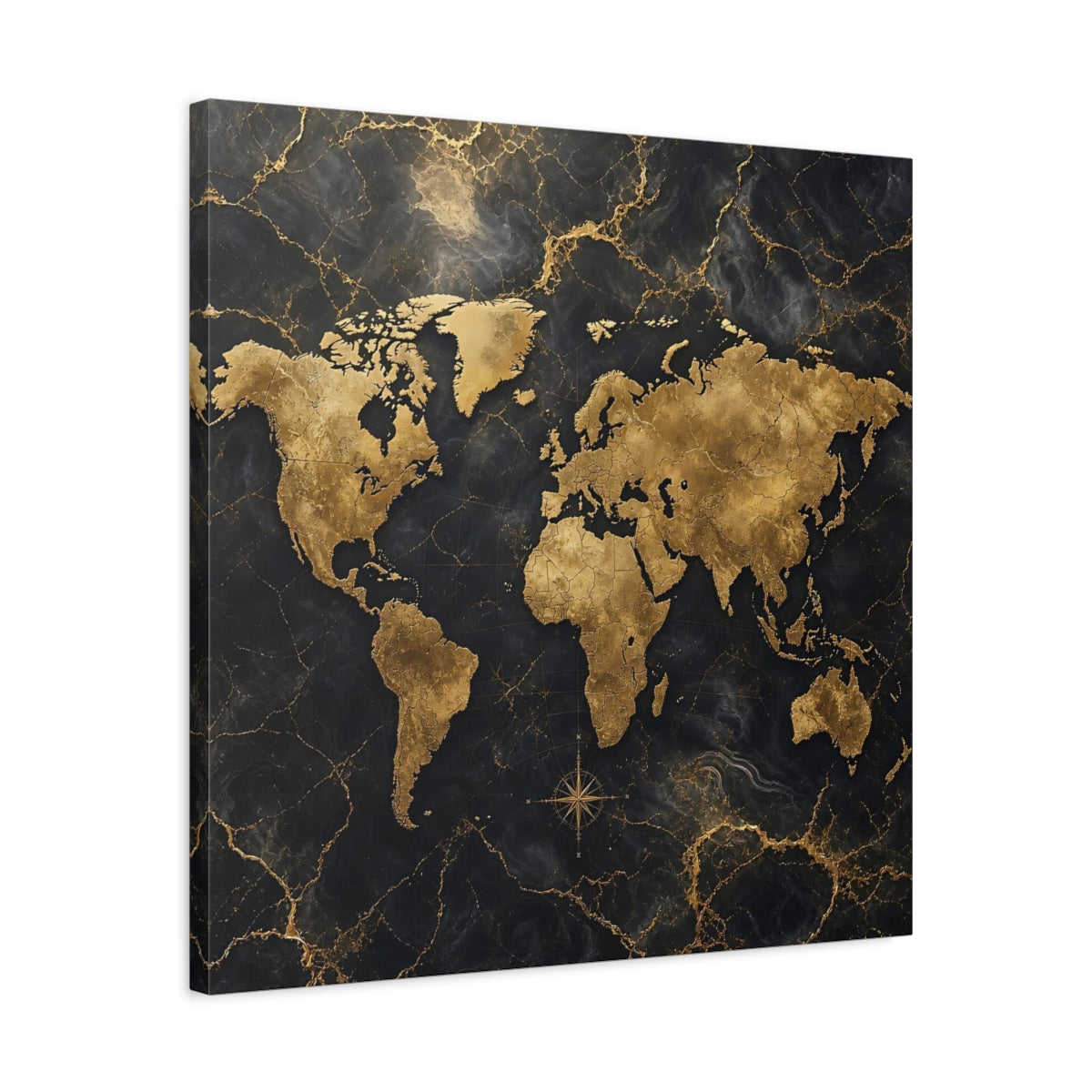 Side Mockup 4. Maps World Map Black And Gold shown as stretched canvas wall art